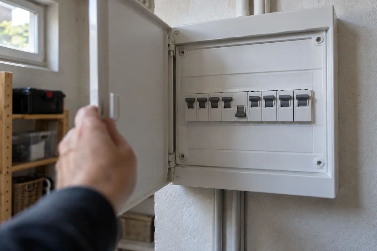 Tableau électrique ouvert dans un cellier, un disjoncteur de la rangée abaissé parmi les autres levés