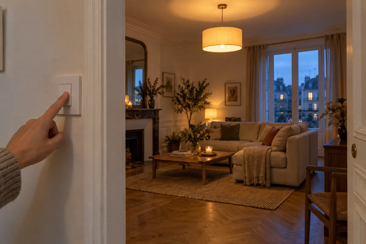 Salon lumineux au crépuscule, une main posée sur un interrupteur blanc au moment où le plafonnier se rallume