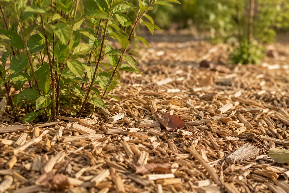 Paillage de copeaux de bois étalé au pied d’arbustes dans un massif de jardin