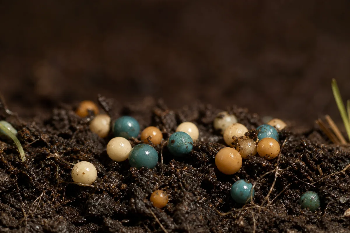 Granulés d’engrais à libération lente en gros plan macro sur de la terre de jardin