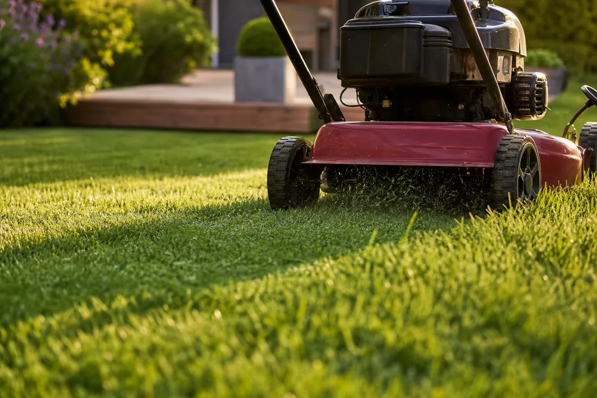Tondeuse en fonctionnement redéposant l’herbe broyée sur une pelouse en été