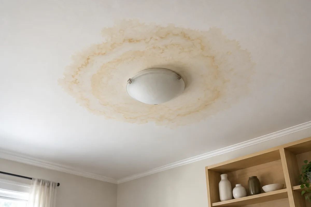 Auréole d’humidité jaunâtre qui s’étend en cercles sur un plafond blanc autour d’un plafonnier éteint