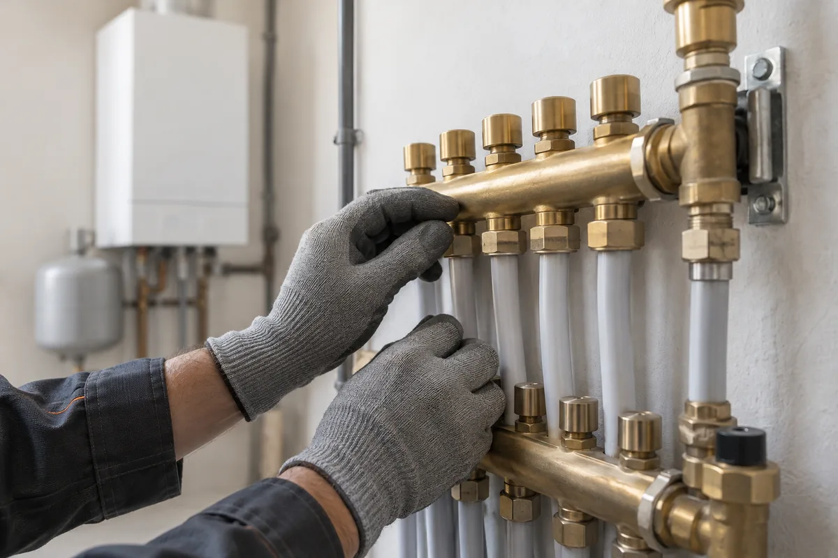 Mains gantées contrôlant les raccords d’un collecteur de plancher chauffant dans une chaufferie
