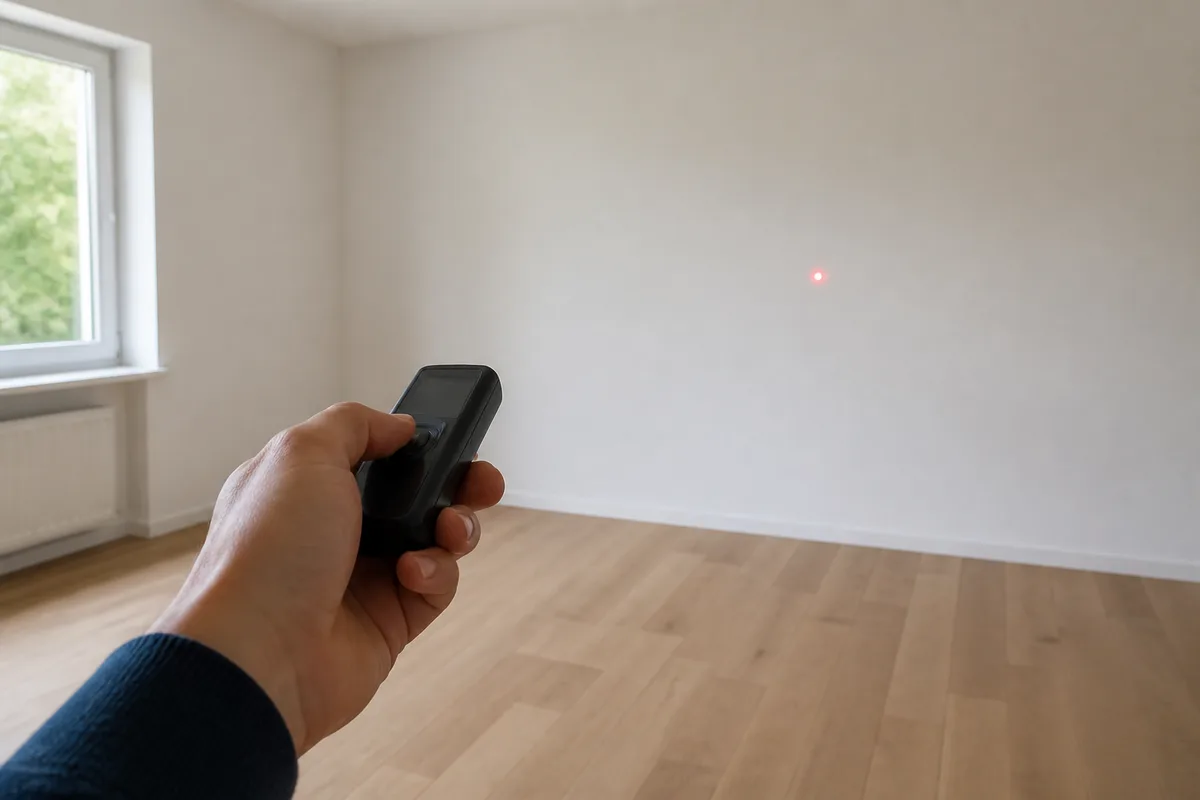 Télémètre laser posé sur un établi en bois avec faisceau dirigé vers un mur clair