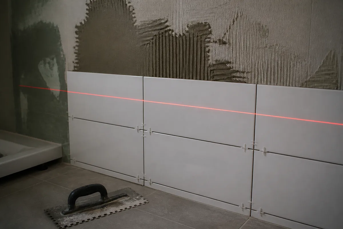 Niveau laser à croix projetant une ligne horizontale sur un mur en cours de carrelage