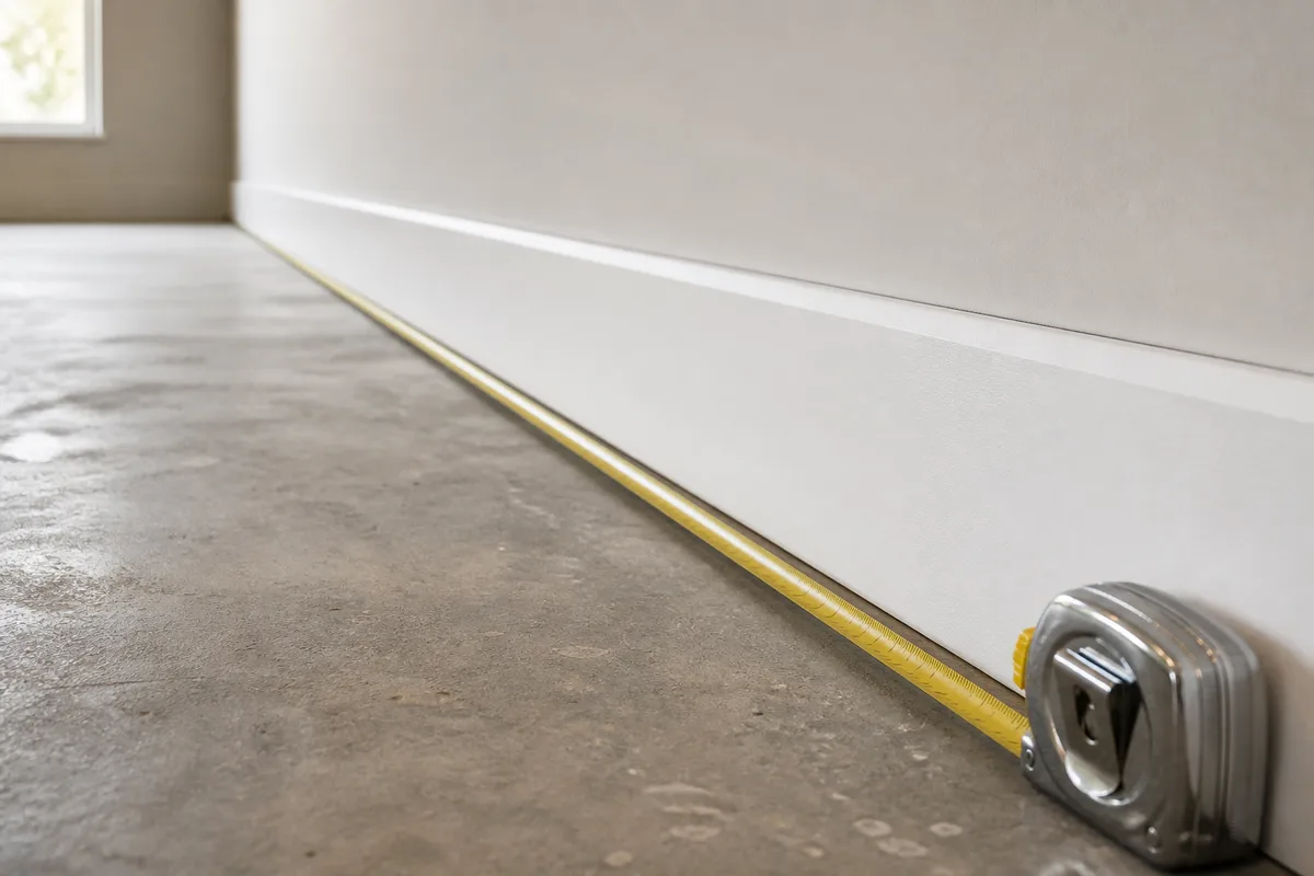Mesure de contrôle d&rsquo;une longueur de mur avec un mètre ruban déroulé sur un sol clair