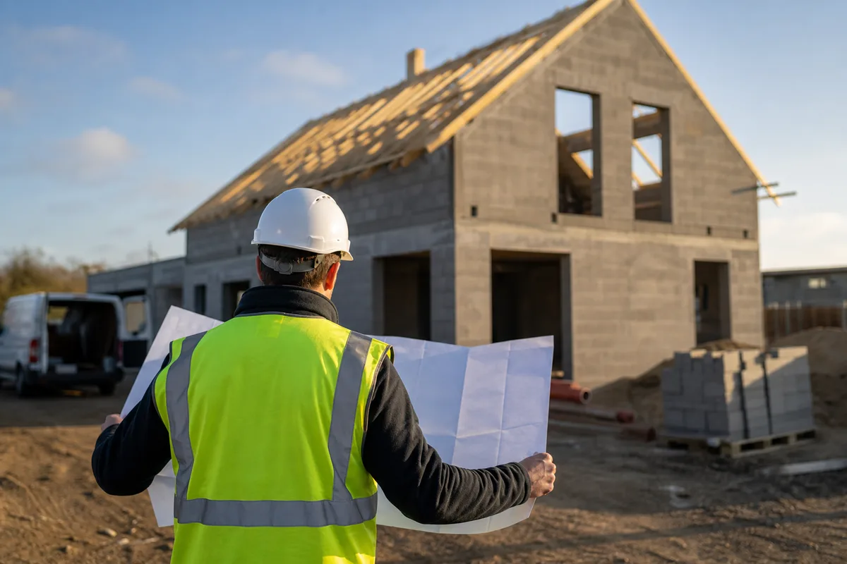 Chef de chantier casque sur la tête consultant un plan devant une maison en travaux