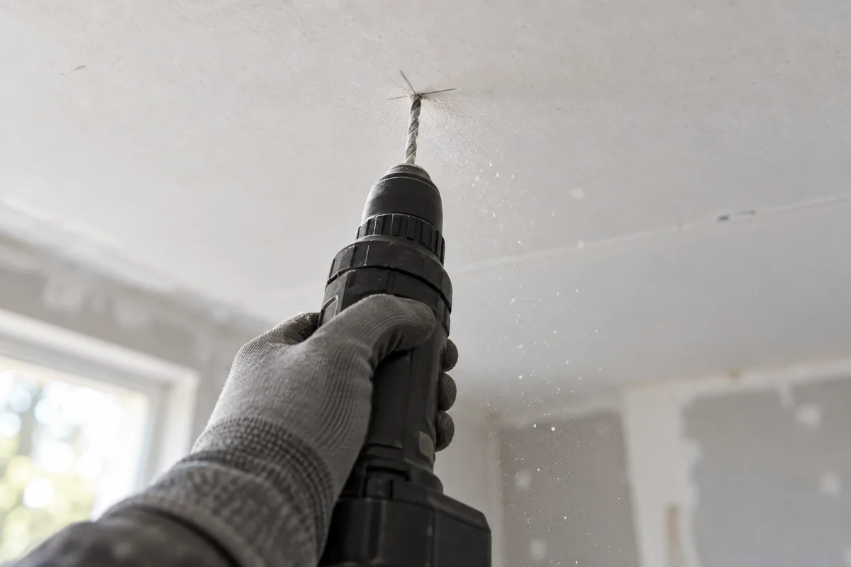 Main gantée perçant un plafond en plaque de plâtre blanche au-dessus d&rsquo;un repère au crayon