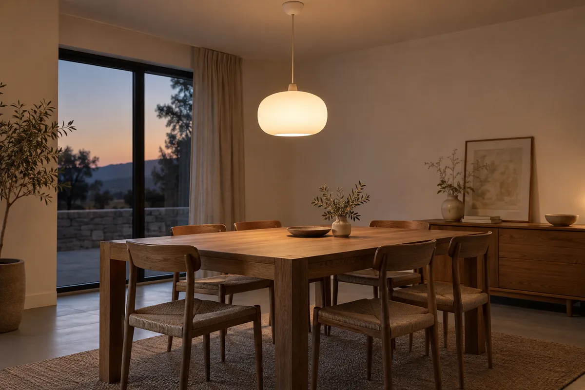 Suspension en verre opalin allumée au-dessus d&rsquo;une table en chêne dans une salle à manger vide