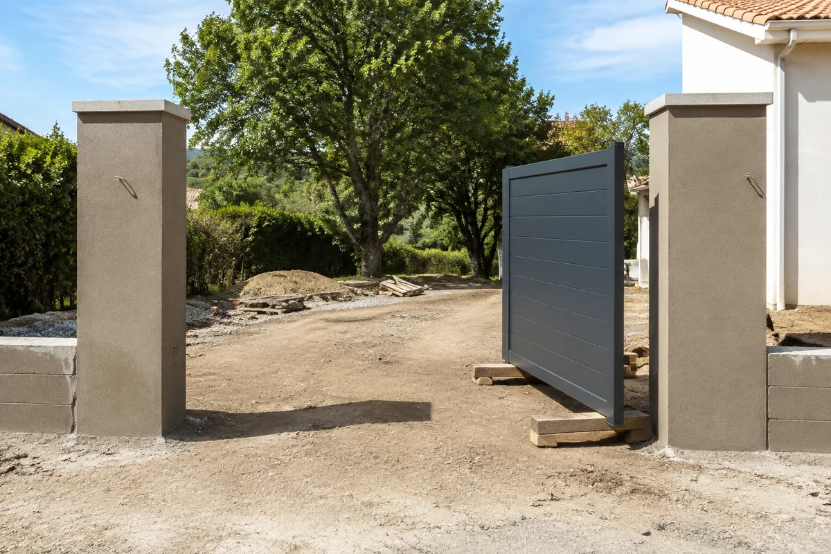 Deux piliers maçonnés enduits encadrant une entrée de jardin, portail aluminium anthracite en attente de pose