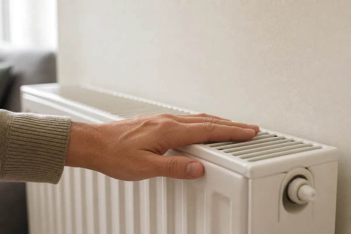 Main posée sur le haut d&rsquo;un radiateur en acier blanc pour tester sa température