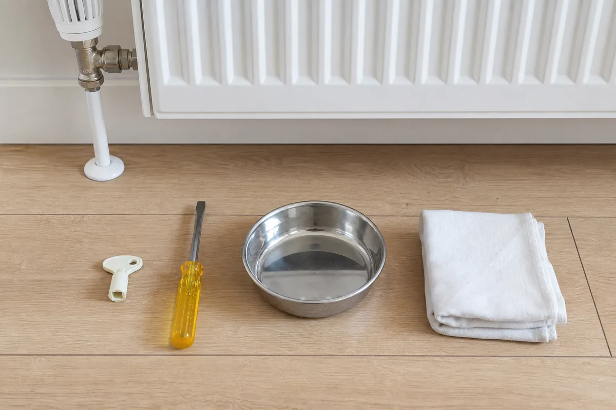 Clé de purge carrée et petit récipient posés devant un radiateur blanc