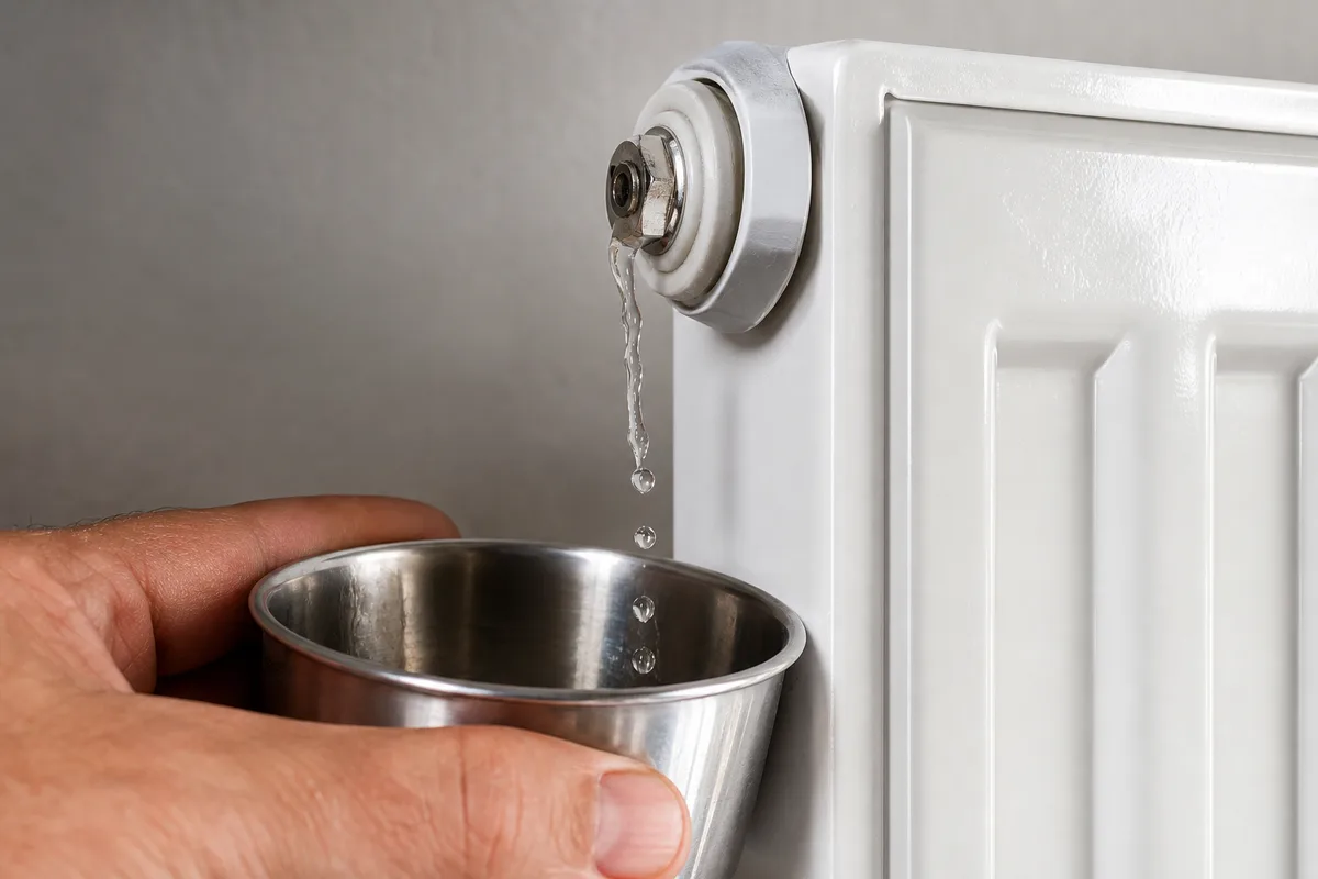 Filet d&rsquo;eau s&rsquo;écoulant d&rsquo;une vis de purge de radiateur dans un récipient